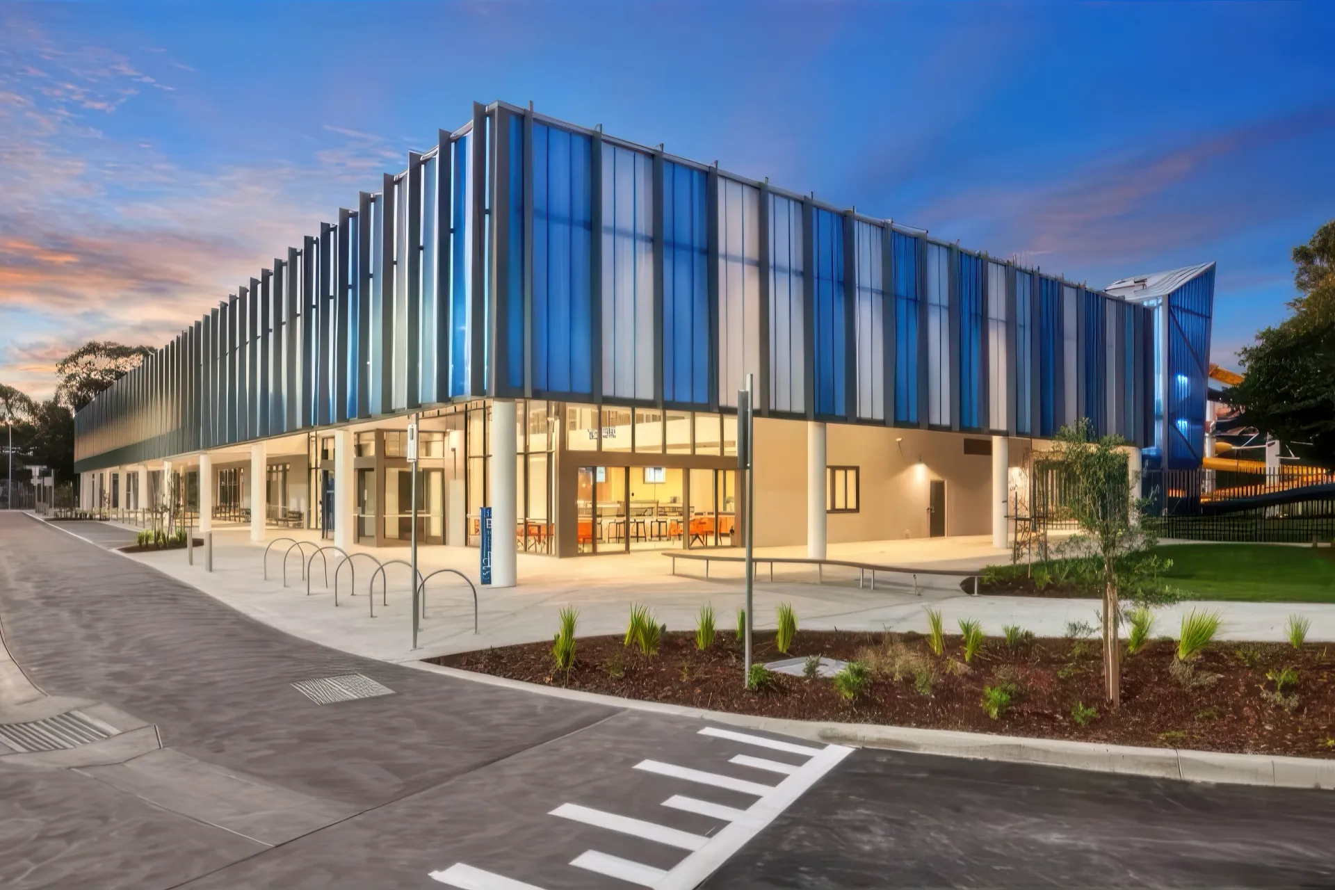 Gippsland Regional Aquatic Centre facade at dusk